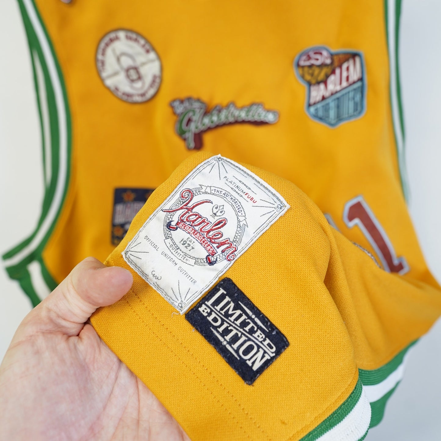 (L) Vintage Fubu Platinum Harlem Globtrotters Patch Basketball Jersey Men's L Yellow