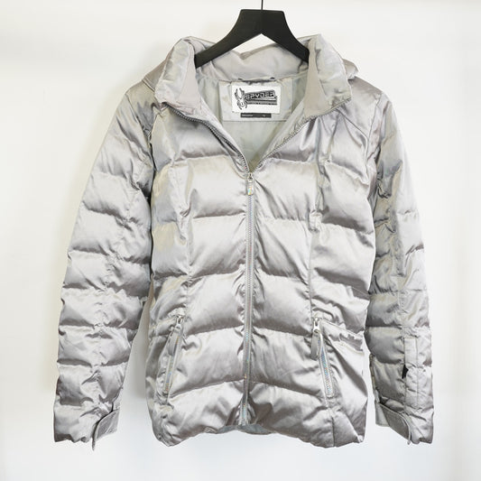 (Women's L) Vintage Spyder Y2K Silver Chrome Down Puffer Jacket Womens L 16 2000s Futuristic