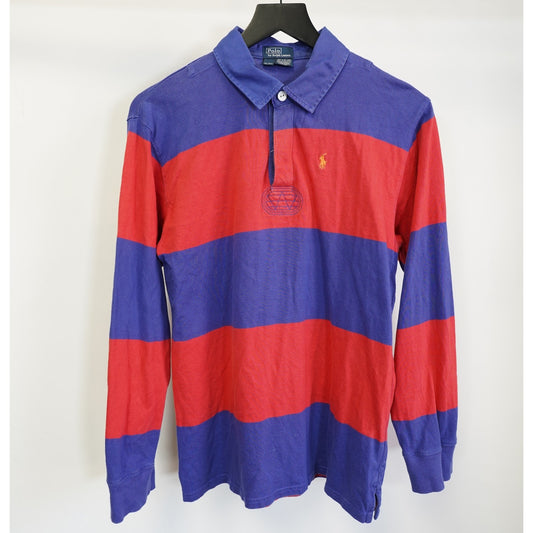 (Youth XL) Vintage Polo Ralph Lauren Striped Rugby LS Polo Shirt Kids Blue Red