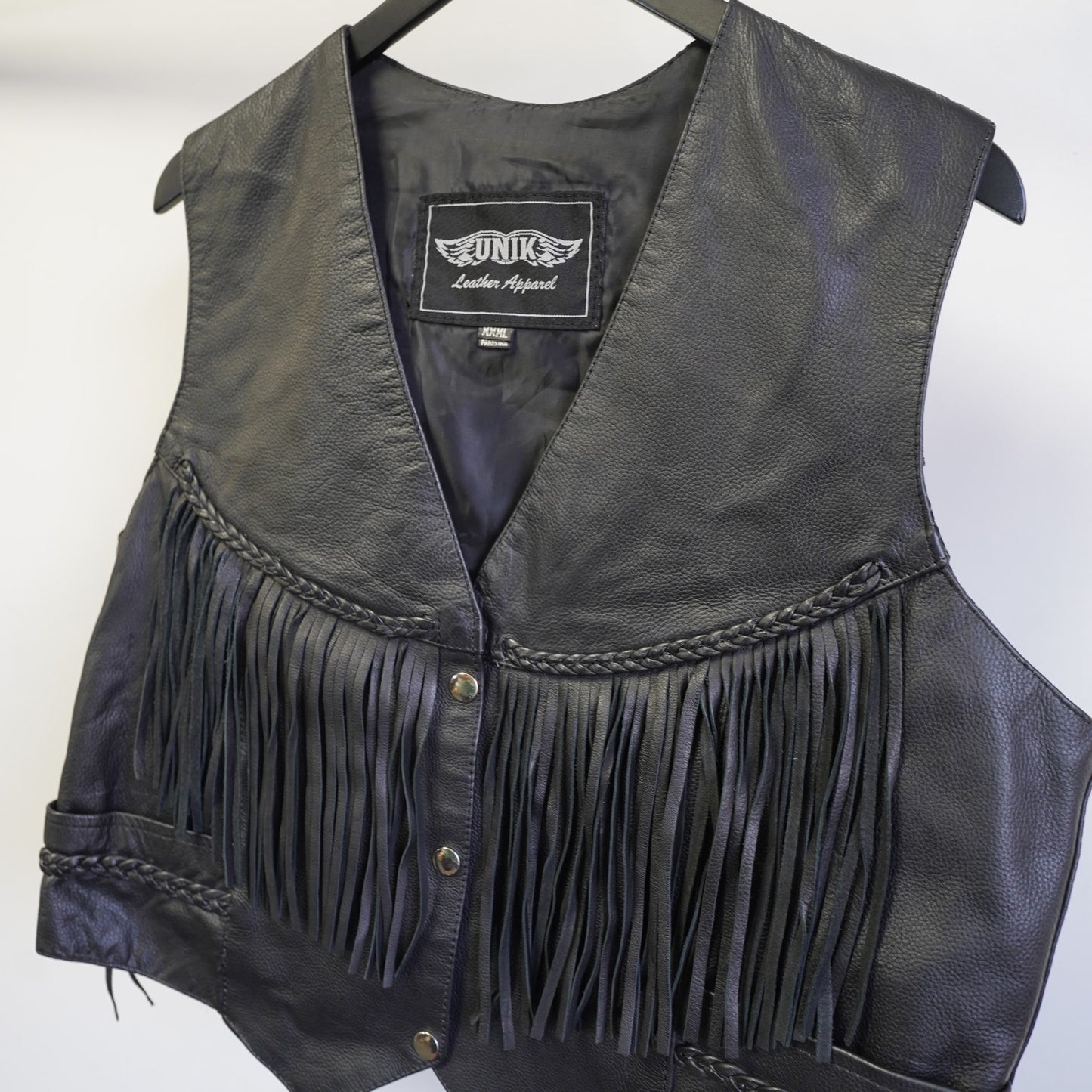 (Women's XL) Vintage Western Leather Unik Biker Vest Fringe Motorcycle Women's XXL Black