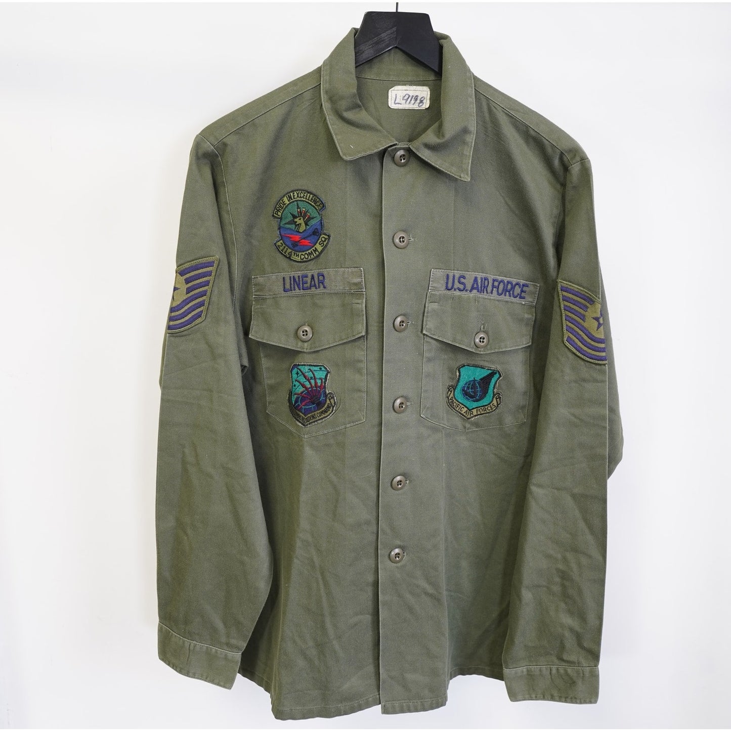 (L) Vintage U.S. Air Force OG 507 Green Fatigue Uniform Shirt Utility Patches Mens L