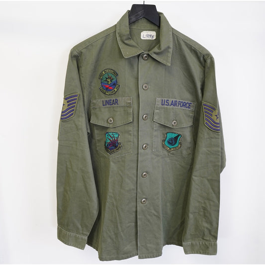 (L) Vintage U.S. Air Force OG 507 Green Fatigue Uniform Shirt Utility Patches Mens L