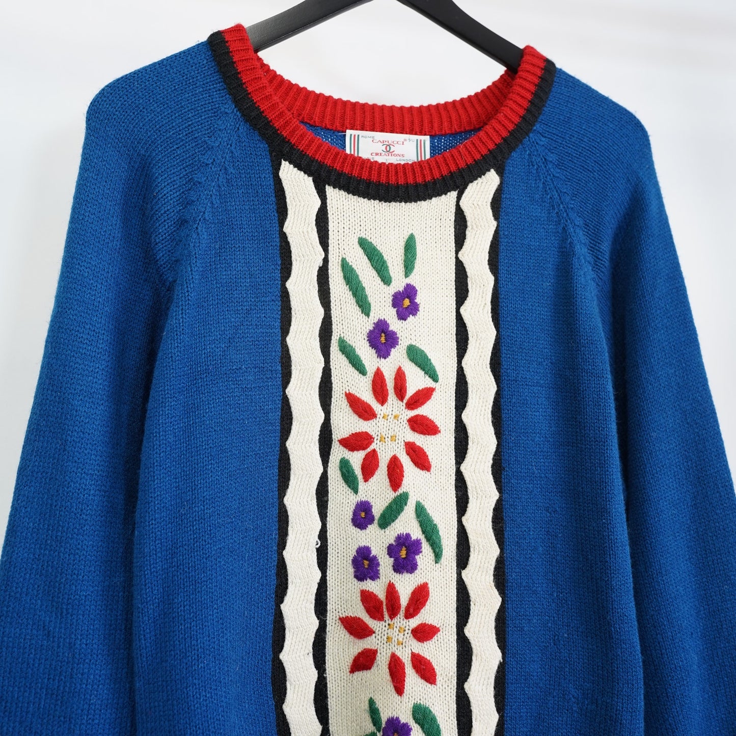 (L) Vintage Capucci 90s Knit Floral Sweater Men's L Blue Flower Embroidered Cottage