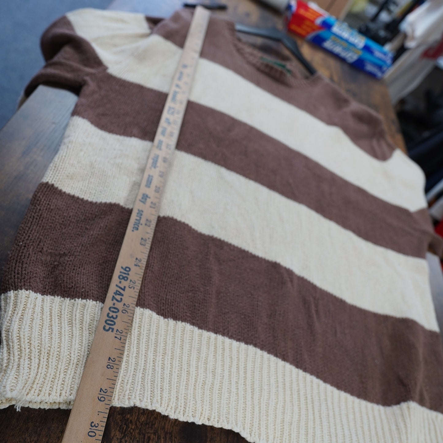 (L) Vintage J. Crew 90s Knit Striped Sweater Men's L USA Made Brown Cream