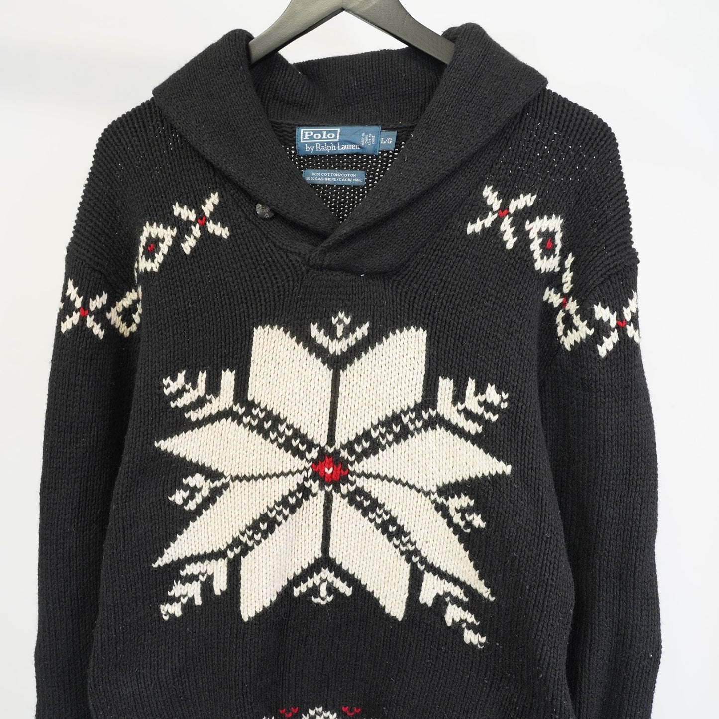 (L) Polo Ralph Lauren Nordic Snowflake Shawl Collar Sweater Men's L Black Cashmere