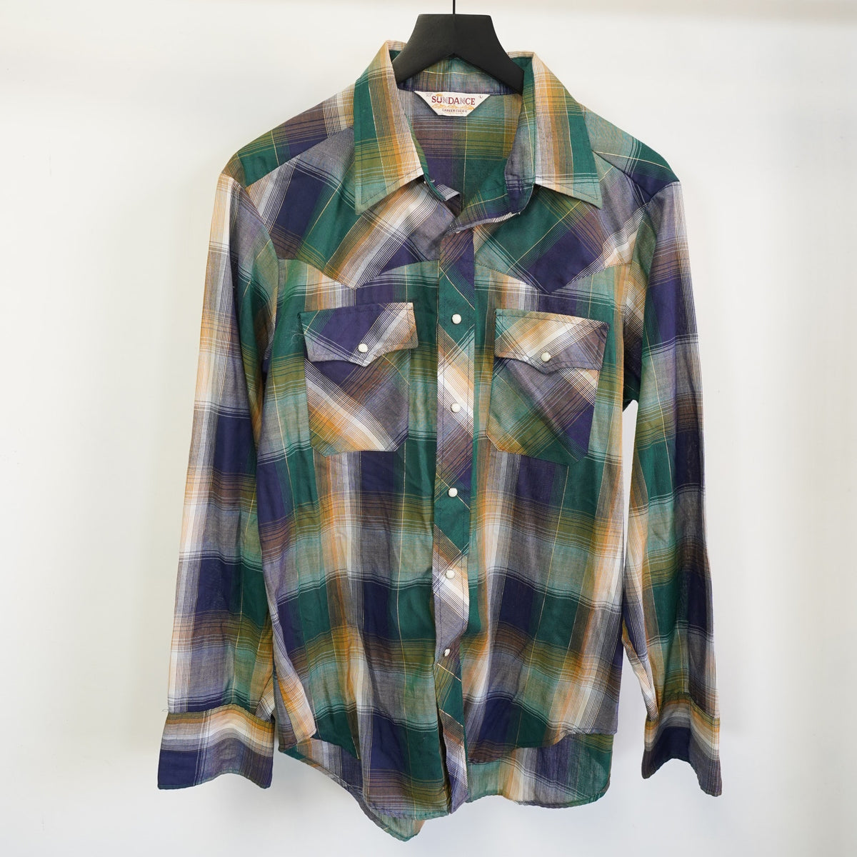 (L) True Vintage Sun Dance Wide Collar Pearl Snap Western Plaid Button Up Men's L