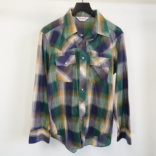 (L) True Vintage Sun Dance Wide Collar Pearl Snap Western Plaid Button Up Men's L