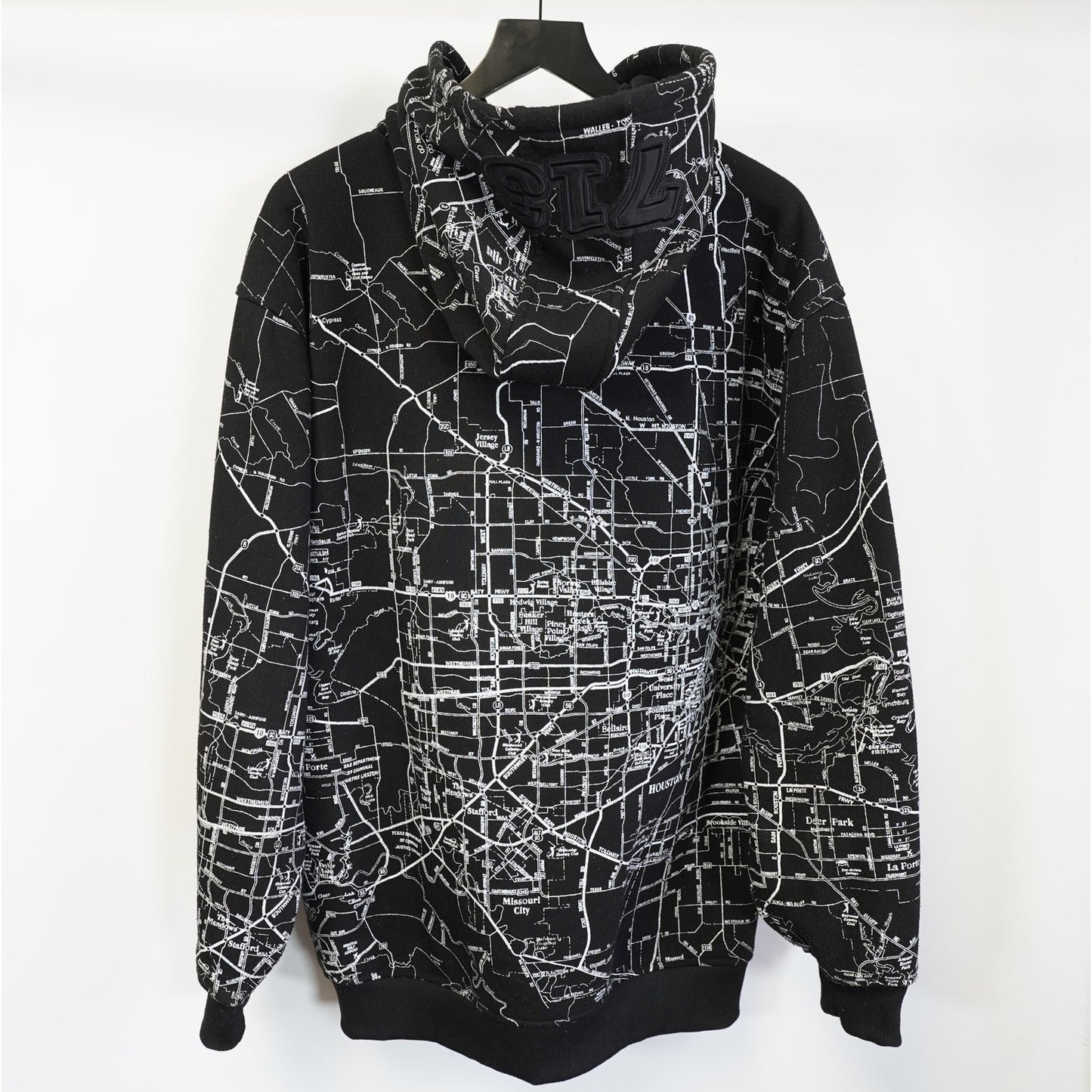 (XL) Vintage Houston City Map Embroidered Hip Hop Hoodie Men's XL Black Y2K Astros