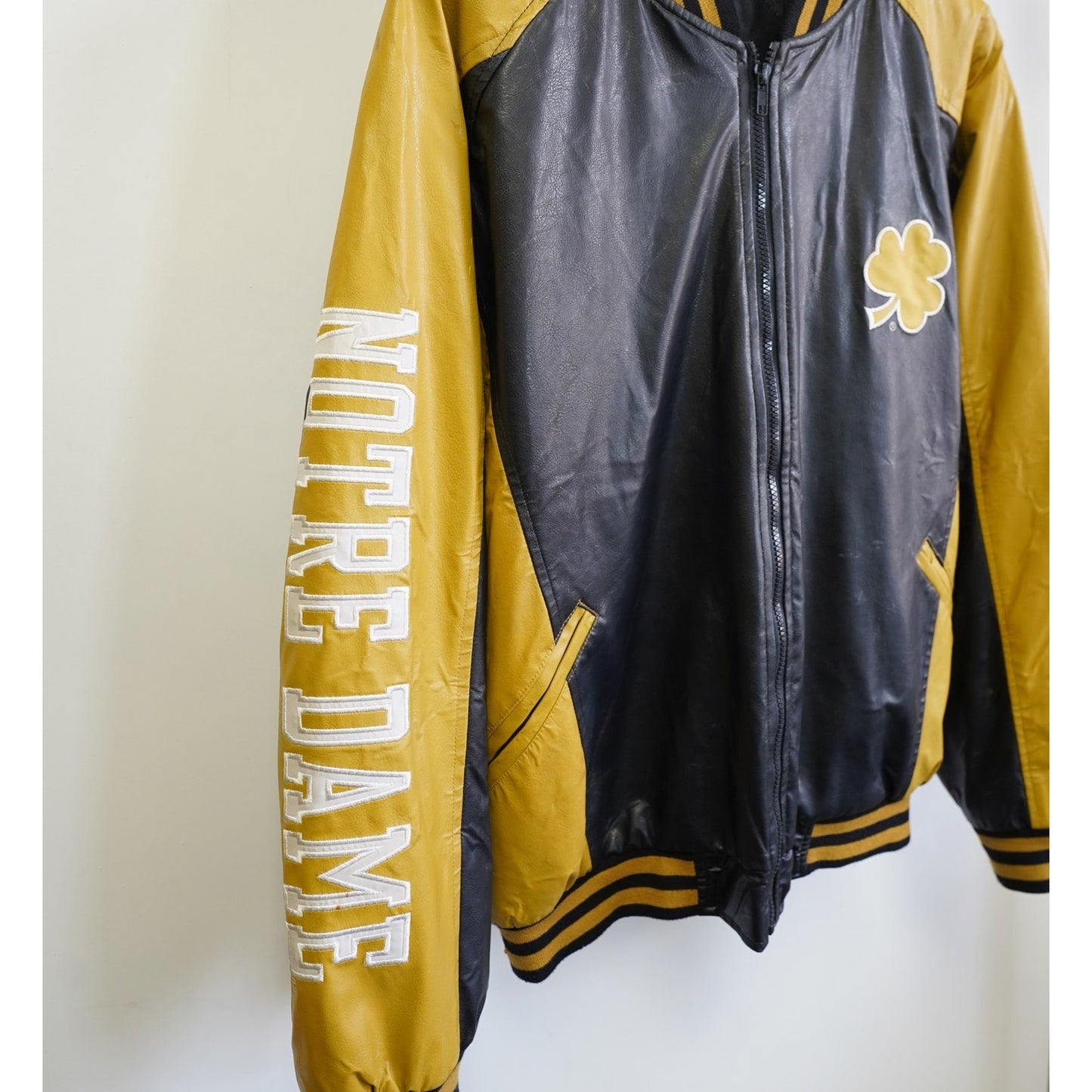 (L) Vintage Notre Dame Fighting Irish Leather Varsity Jacket Men's L Navy Gold Retro