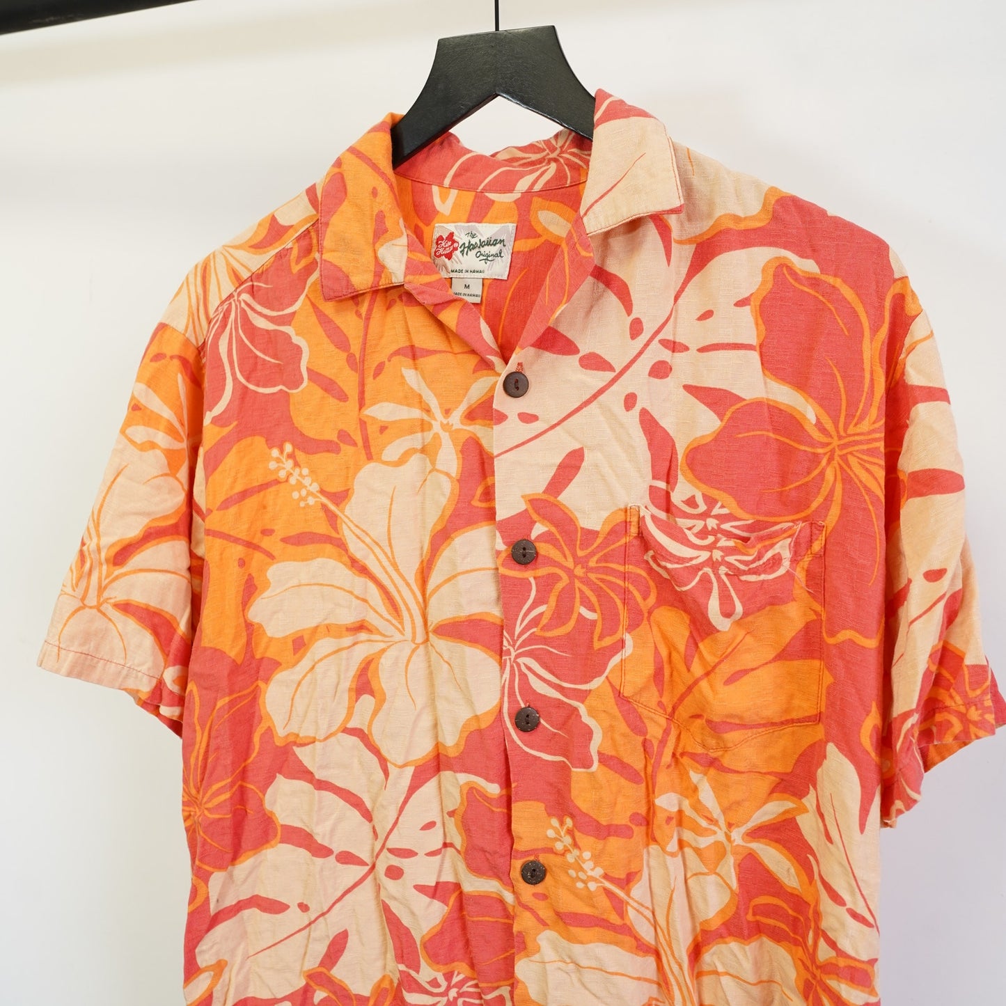 (M) Hilo Hattie Vintage Hawaiian Shirt Floral Hibiscus Men's M Orange Tropical Surf