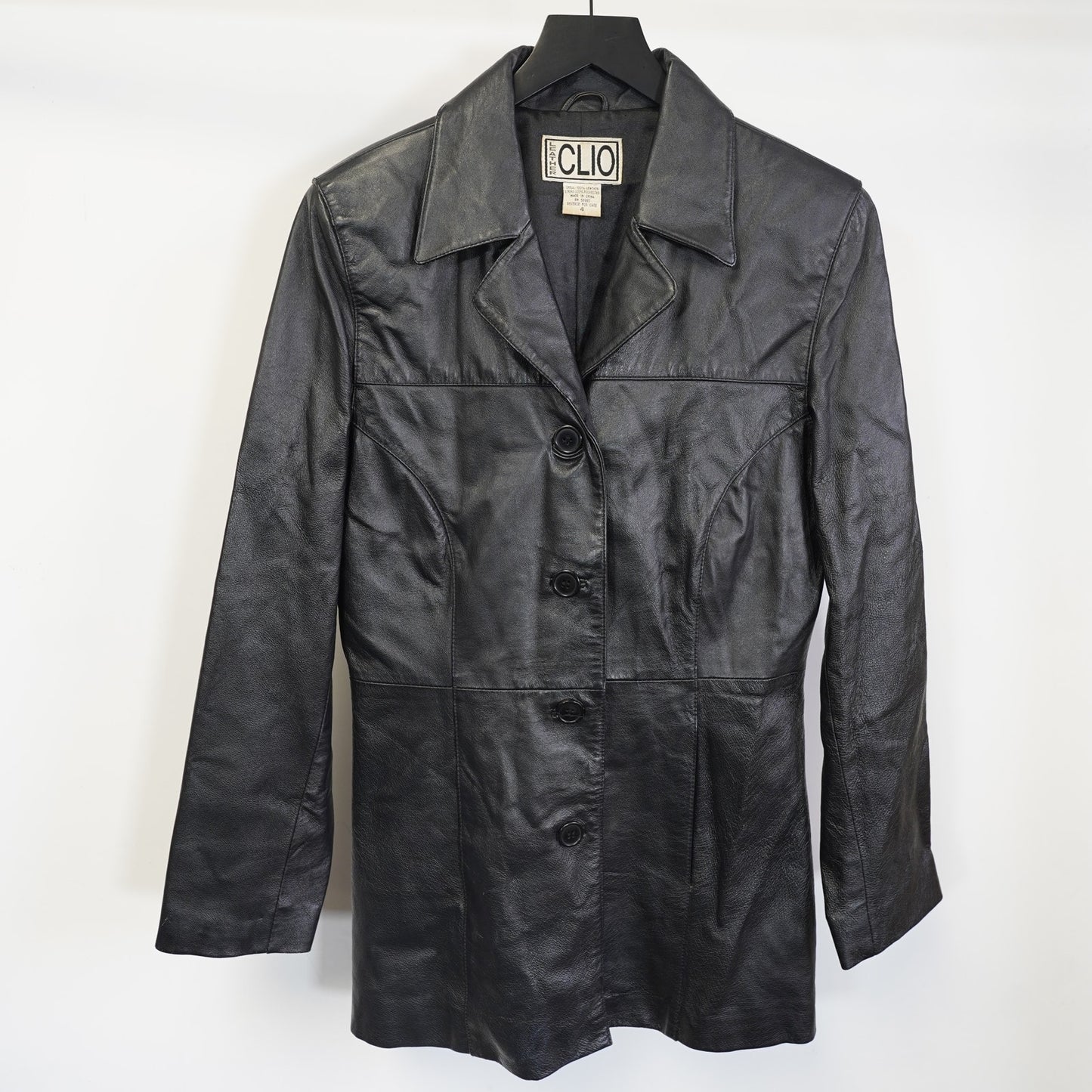 (Women's Sz. 4 ) Vintage Clio Genuine Leather 90s Coat Jacket Women's Sz. 4 Black Blazer Goth