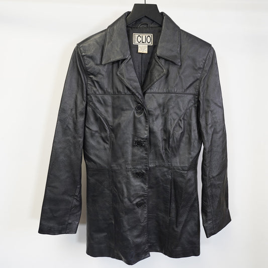 (Women's Sz. 4 ) Vintage Clio Genuine Leather 90s Coat Jacket Women's Sz. 4 Black Blazer Goth