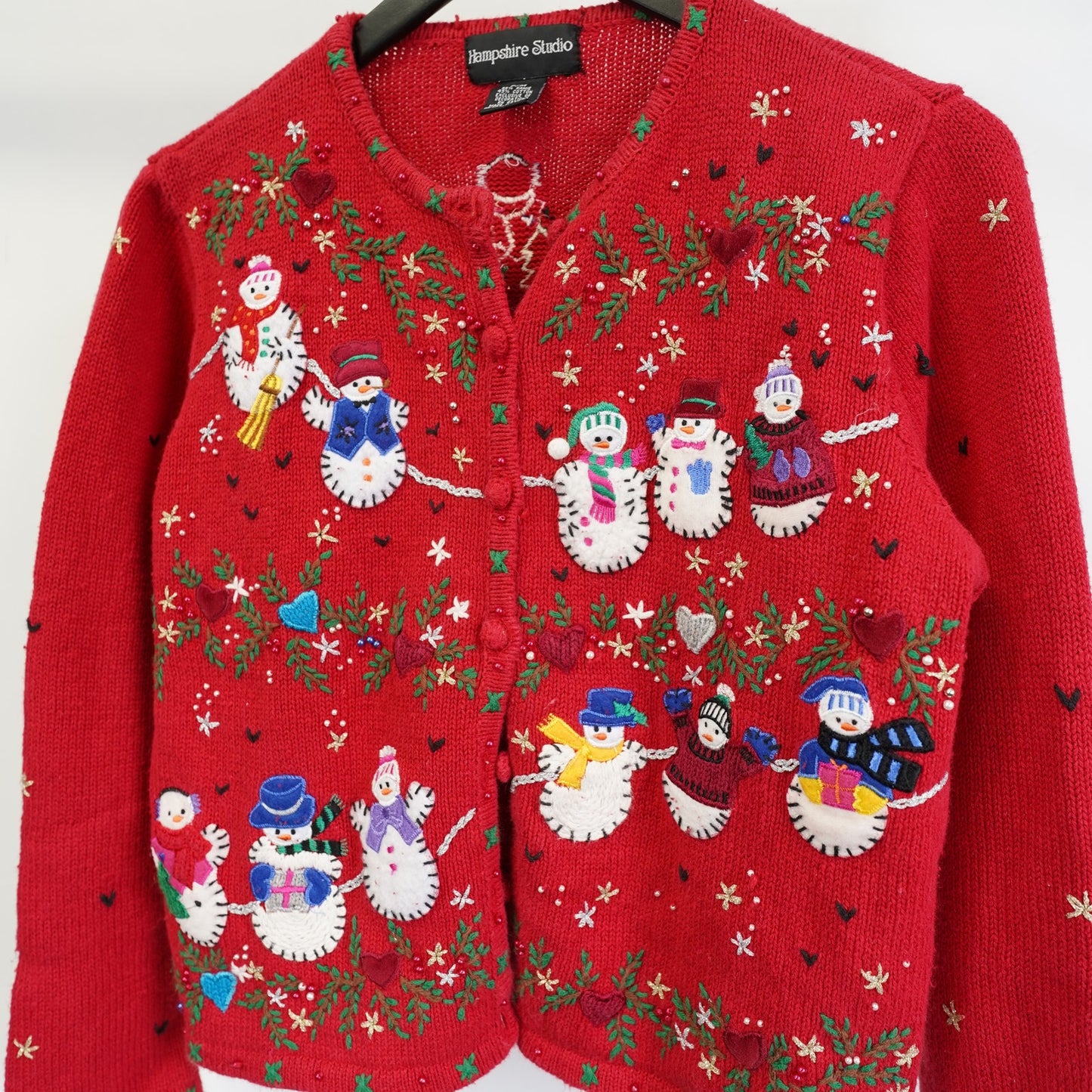 (Women's M) Vintage Holiday Knit Christmas Cardigan Sweater Women's M Snowman Stitch Frosty