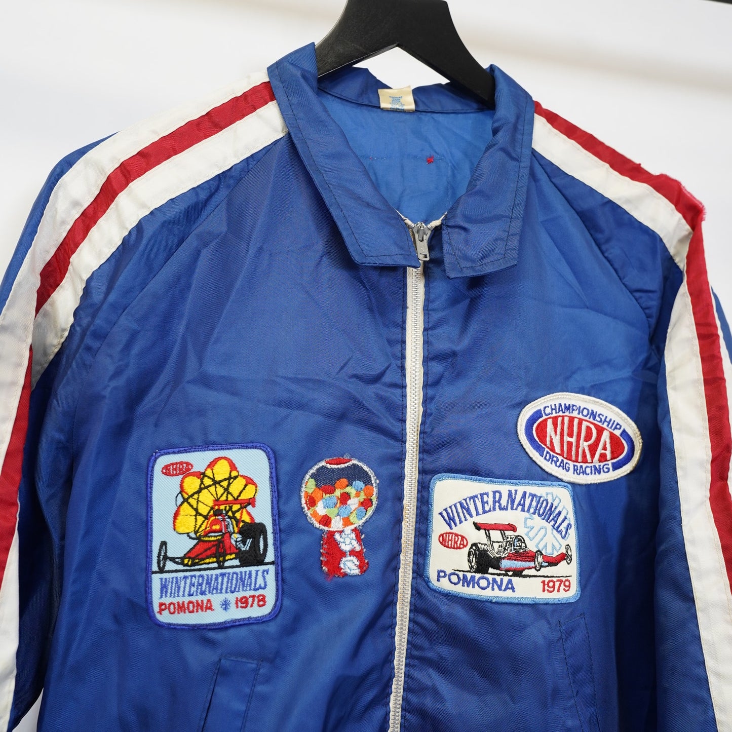 (M) True Vintage NHRA Drag Racing Beer Patchwork Motorcycle Jacket Men's M Blue 70s