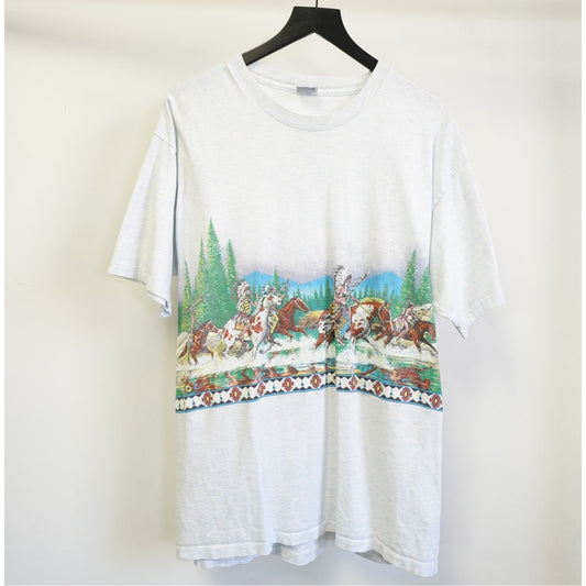 (XL) Vintage Native American Indian Western T-Shirt Men's XL All Over Print 90s Gray