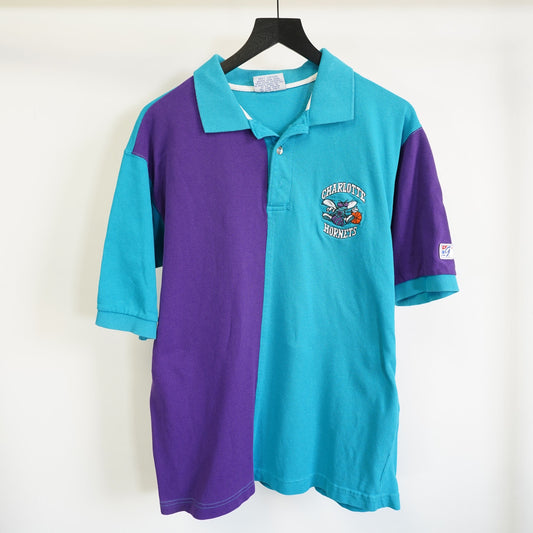(L) Vintage Charlotte Hornets 90s The Game Colorblock Polo Shirt Men's L Aqua Purple