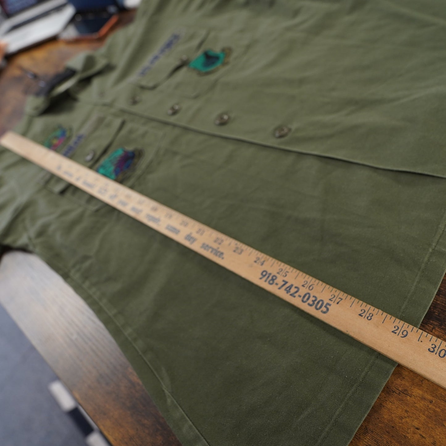 (L) Vintage U.S. Air Force OG 507 Green Fatigue Uniform Shirt Utility Patches Mens L