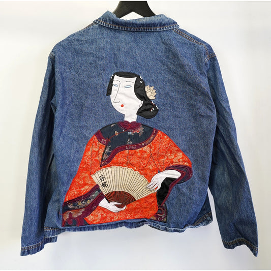 (Women's L) Vintage Chico's Gesiha Embroidered Asian Art-to-Wear Denim Jacket Womens L Sz 2