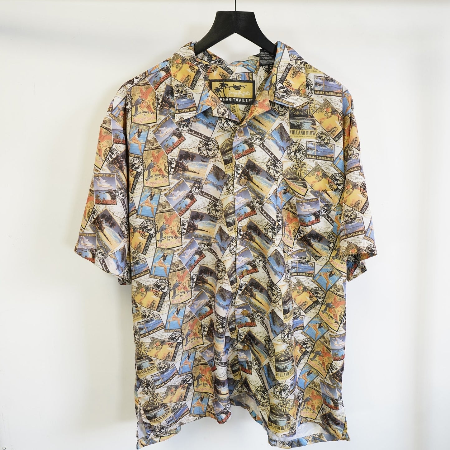 (XL) Vintage Jimmy Buffett Margaritaville Hawaiian Shirt Mens XL Pinup Girl Palm Tree
