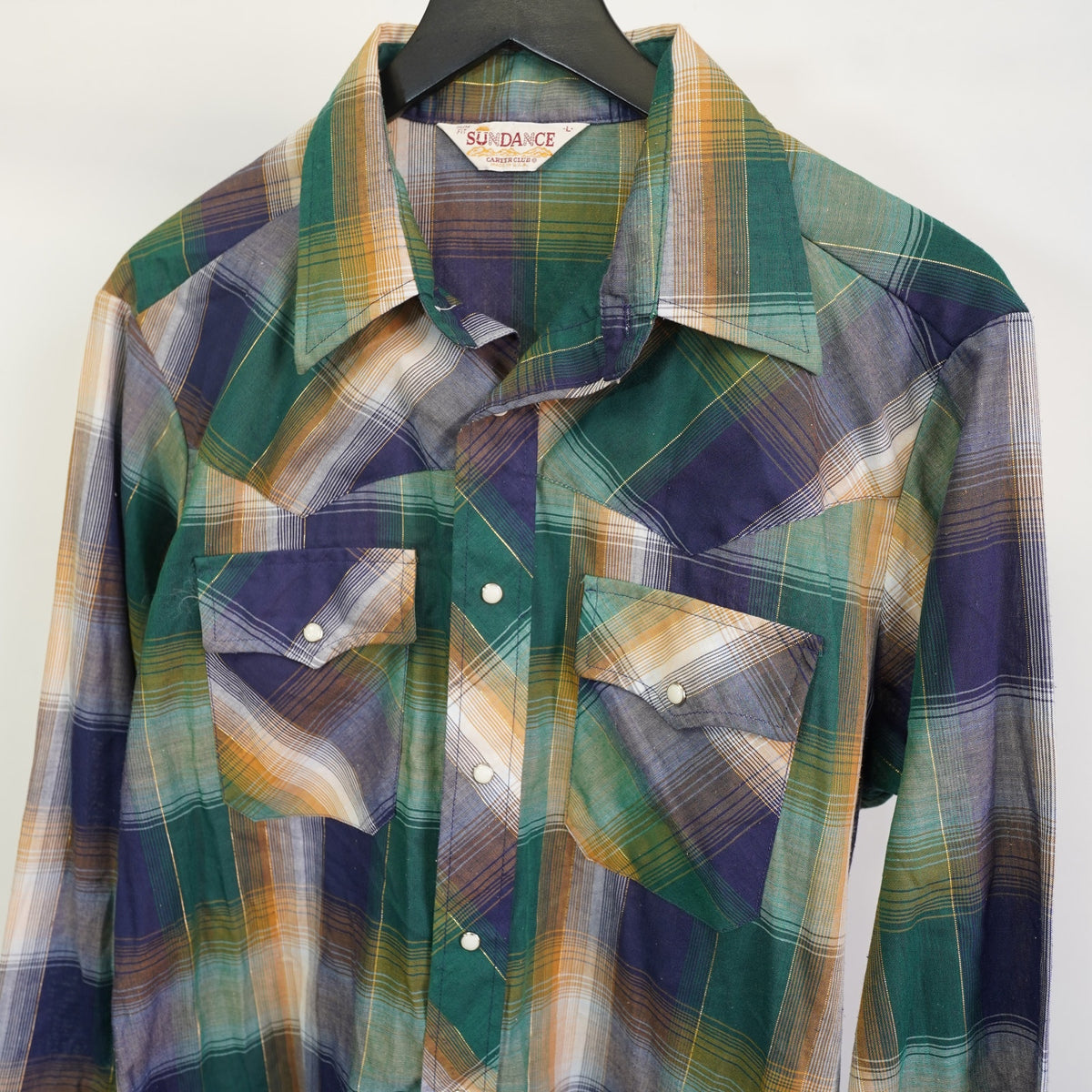 (L) True Vintage Sun Dance Wide Collar Pearl Snap Western Plaid Button Up Men's L
