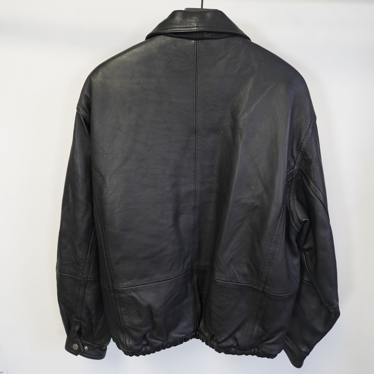(L) Vintage Perry Ellis Lambskin Leather Black Bomber Jacket Men's L Pilot Retro