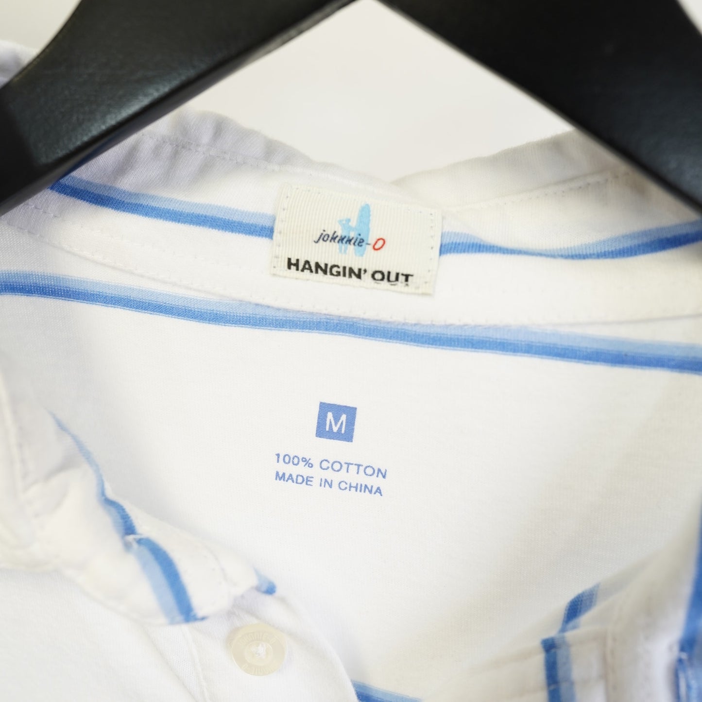 (M) Johnnie-O Hangin' Out Striped Golf Polo Shirt Men's Size M White Blue Preppy