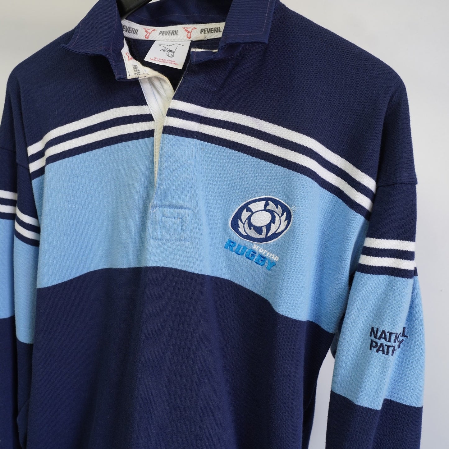 (L) Vintage Peveril Scottish Rugby Longsleeve Jersey Polo Shirt Men's L Blue Stripe