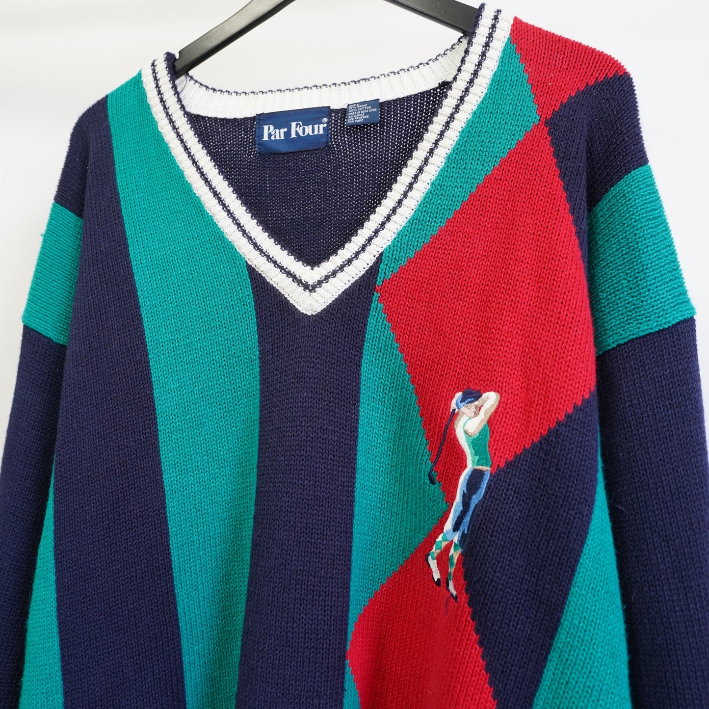 (L) Vintage Par Four Knit Golf Sweater V-Neck Men's L 90s Preppy Retro Aqua Blue