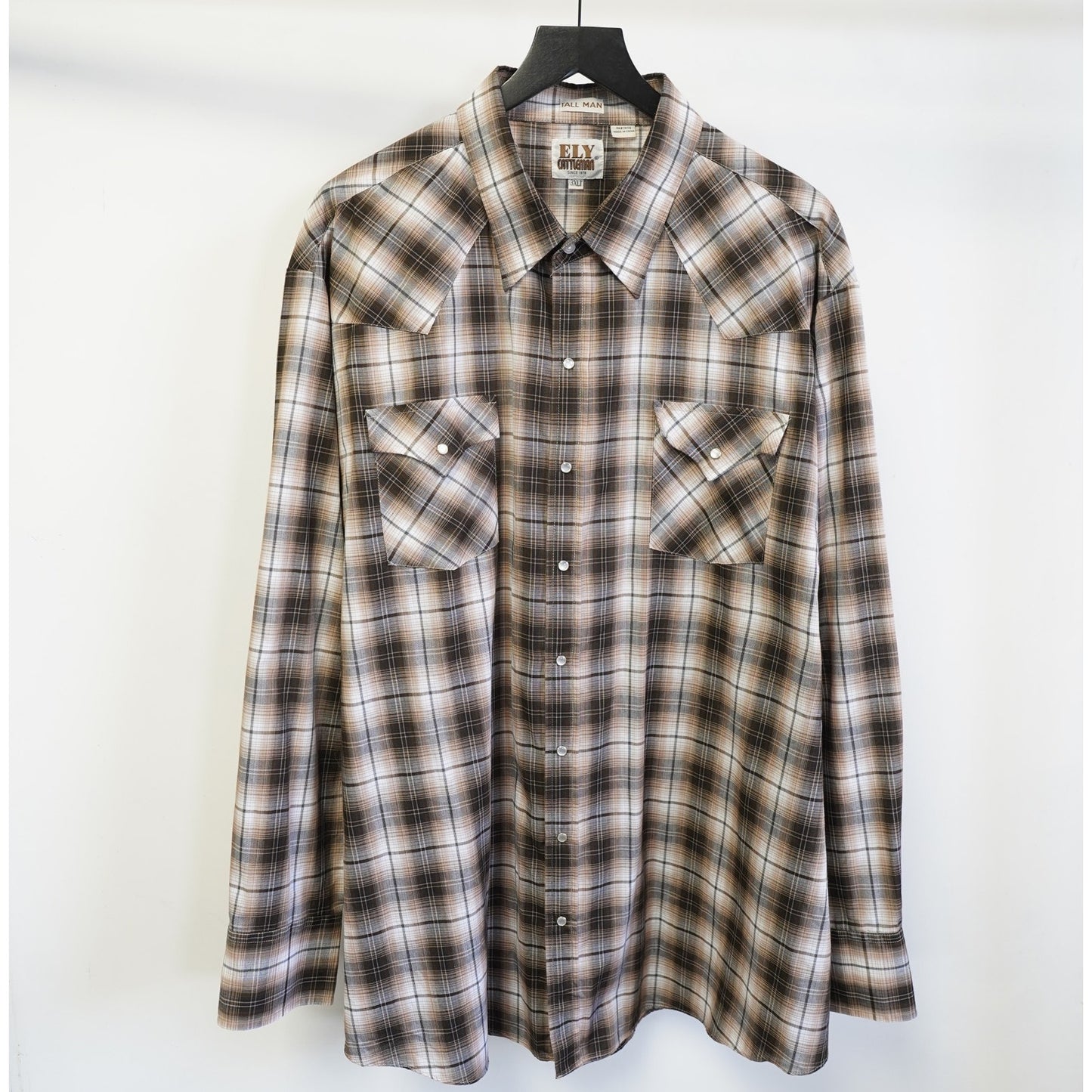 (3XLT) Vintage Ely Cattleman Western Pearl Snap Button Up Mens 3XLT Brown Plaid Big Man