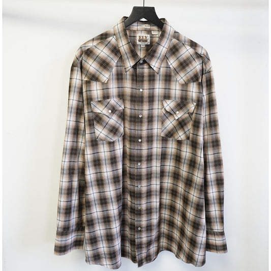 (3XLT) Vintage Ely Cattleman Western Pearl Snap Button Up Mens 3XLT Brown Plaid Big Man