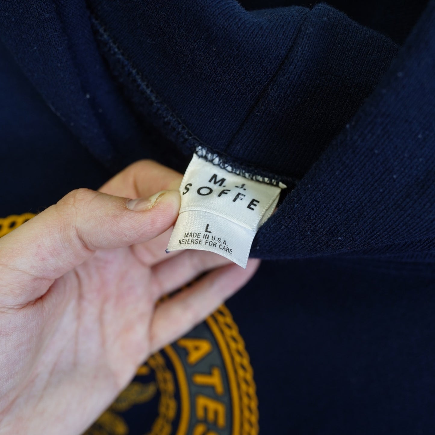 (L) Vintage US Navy Big Logo Pullover Hoodie Men's L Blue Gold Retro