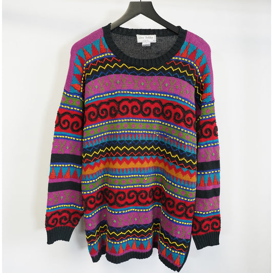 (Women's L) Vintage 90s Lisa Ashley Striped Beaded Knit Sweater Multicolor Retro