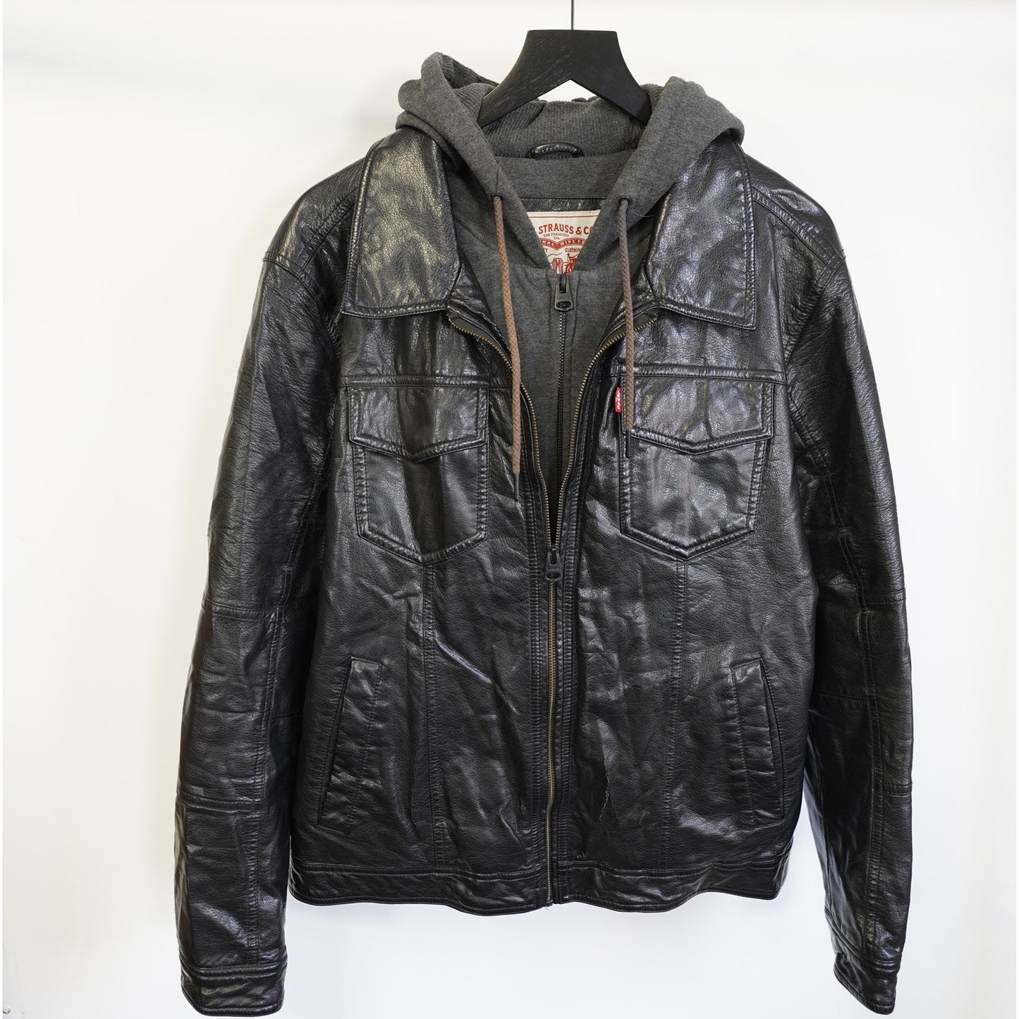 (L) Levis Strauss Faux Leather Hooded Biker Jacket Men's L Black Gray Full Zip