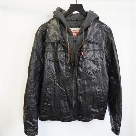 (L) Levis Strauss Faux Leather Hooded Biker Jacket Men's L Black Gray Full Zip