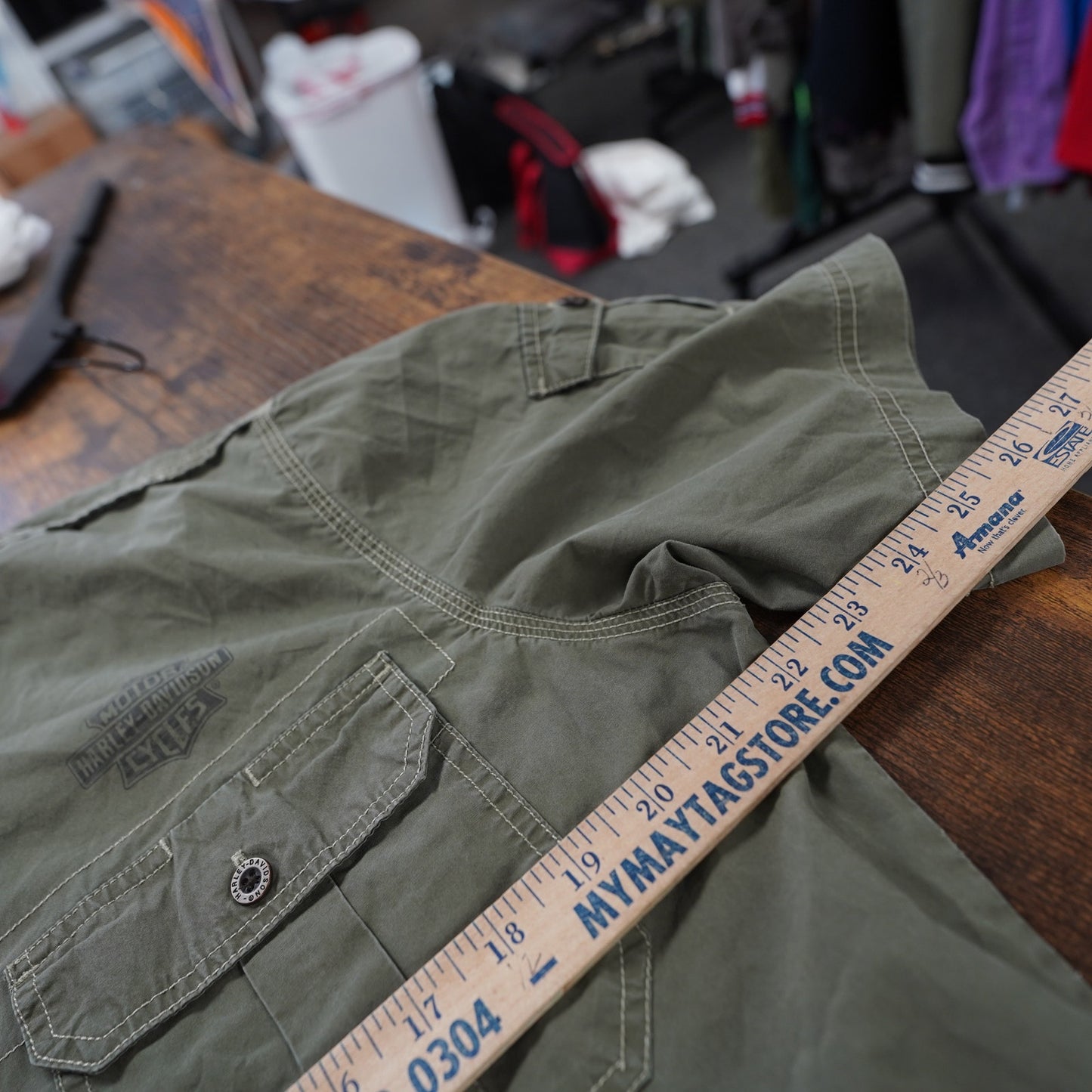 (M) Vintage Harley Davidson Motorcycles Patchwork Button Up Shirt Mens M Green Biker