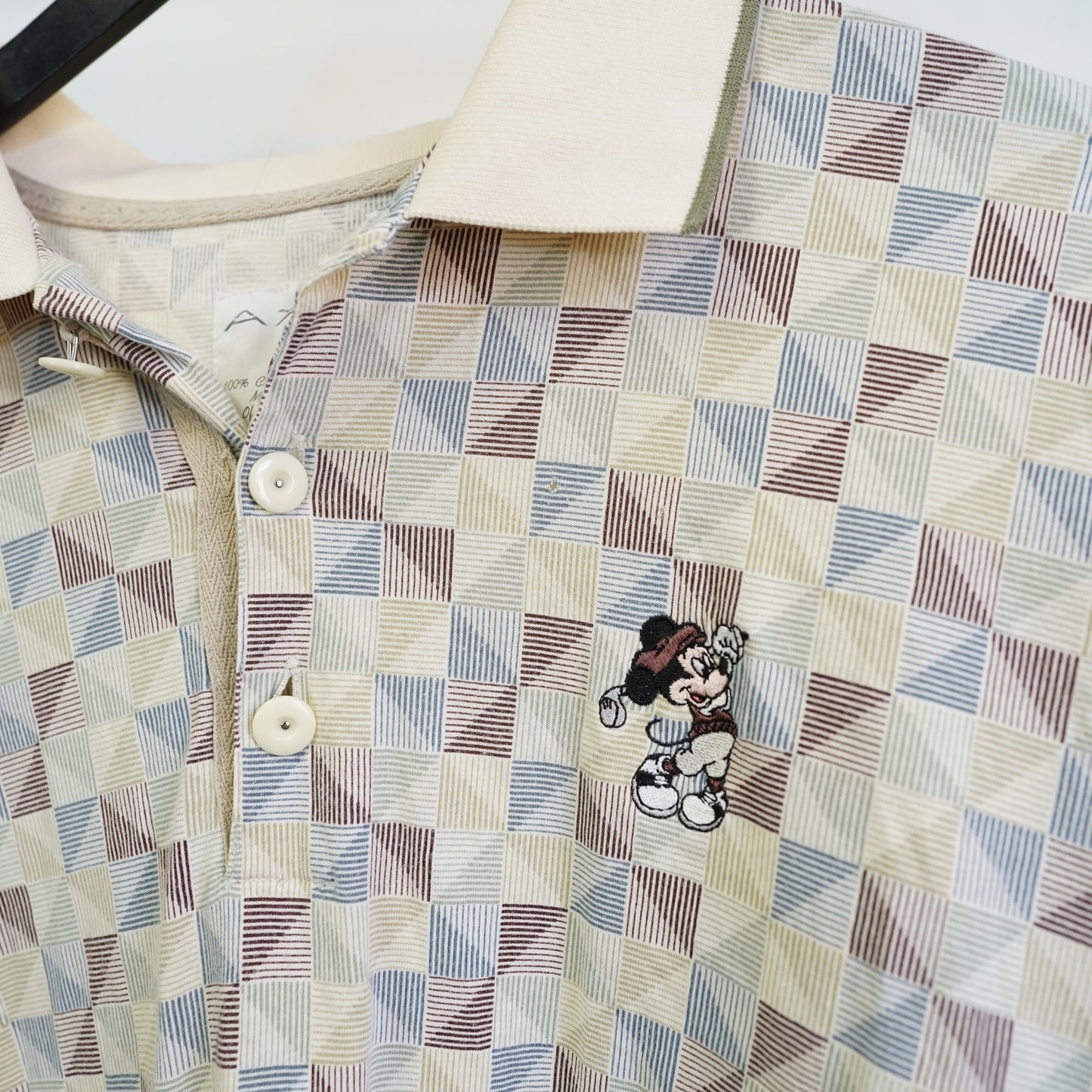 (XL) Vintage Mickey Mouse Disney Golf Polo Shirt Men's XL 90s Geometric Print Cream