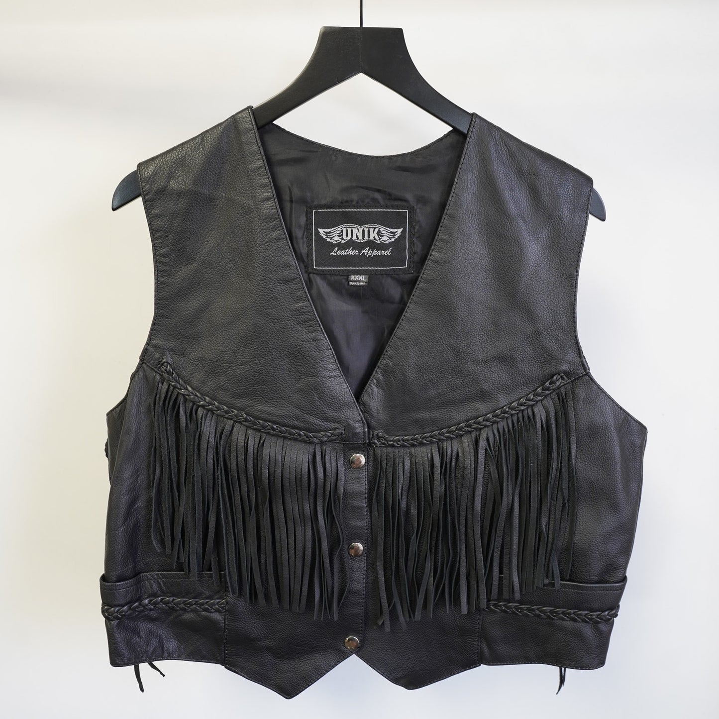 (Women's XL) Vintage Western Leather Unik Biker Vest Fringe Motorcycle Women's XXL Black