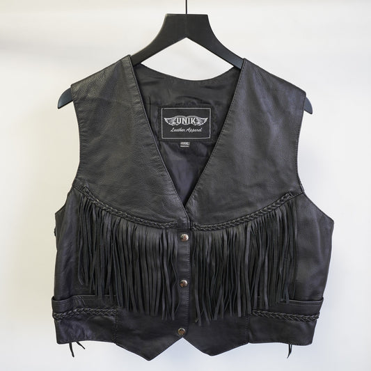 (Women's XL) Vintage Western Leather Unik Biker Vest Fringe Motorcycle Women's XXL Black