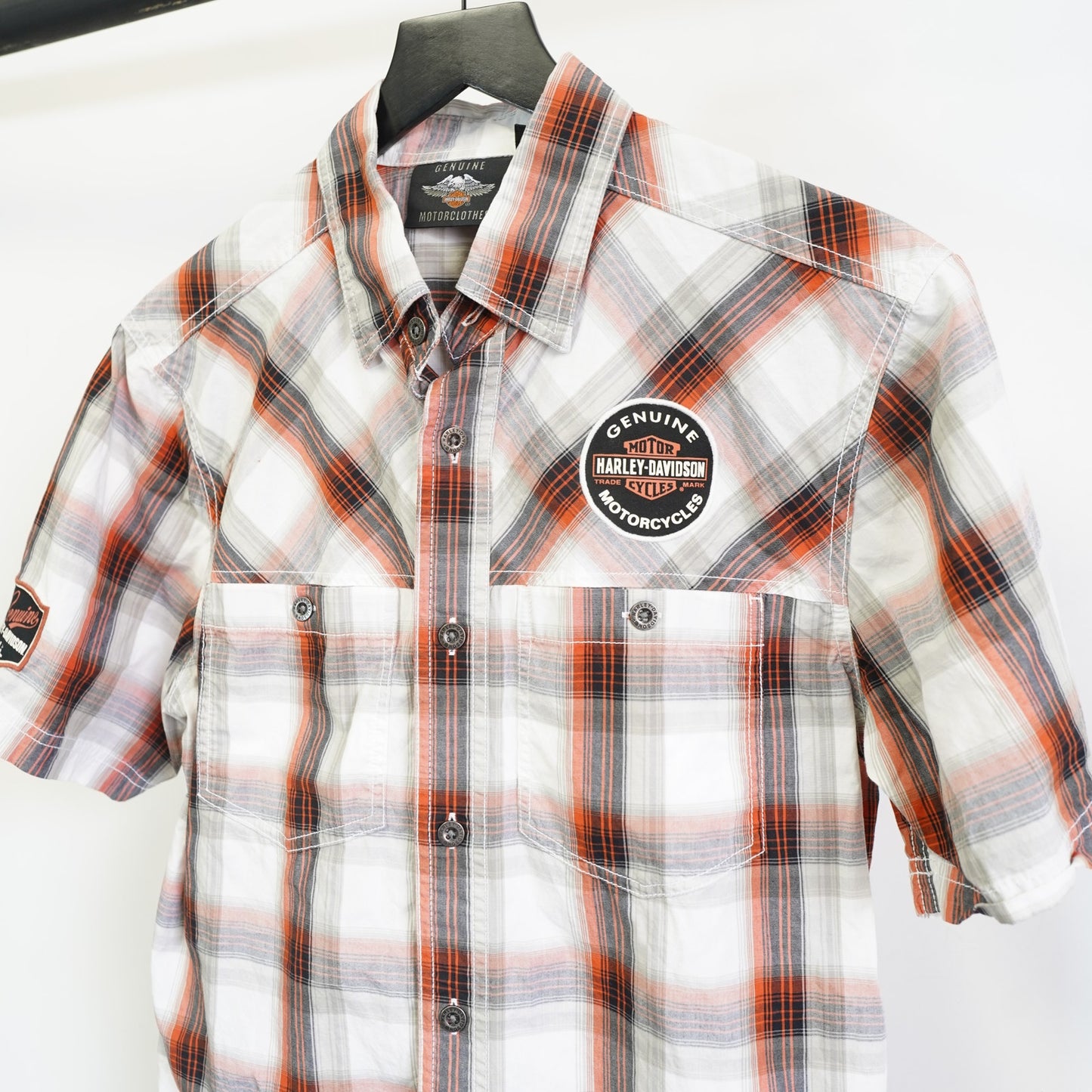 (S) Harley Davidson Motorcycles Plaid Button Up Biker Work Shirt Mens S White Orange