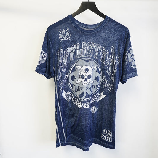 (L) Vintage Affliction MMA Motorcycles T-Shirt Y2K Men's L 2000s Blue Skull
