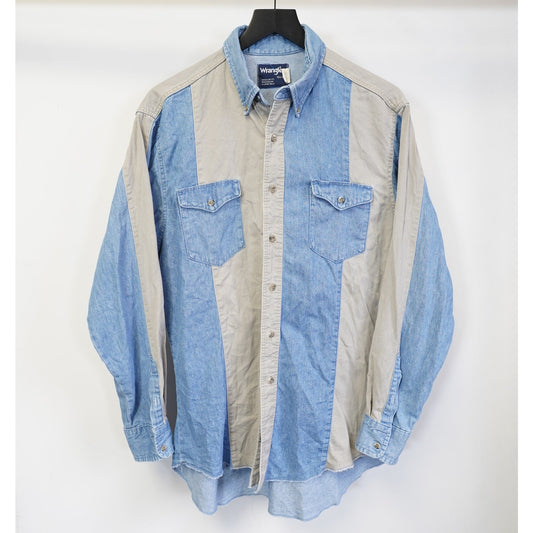 (L) Vintage Wrangler Western Denim Striped Colorblock Button Up Men's L 90s Rodeo