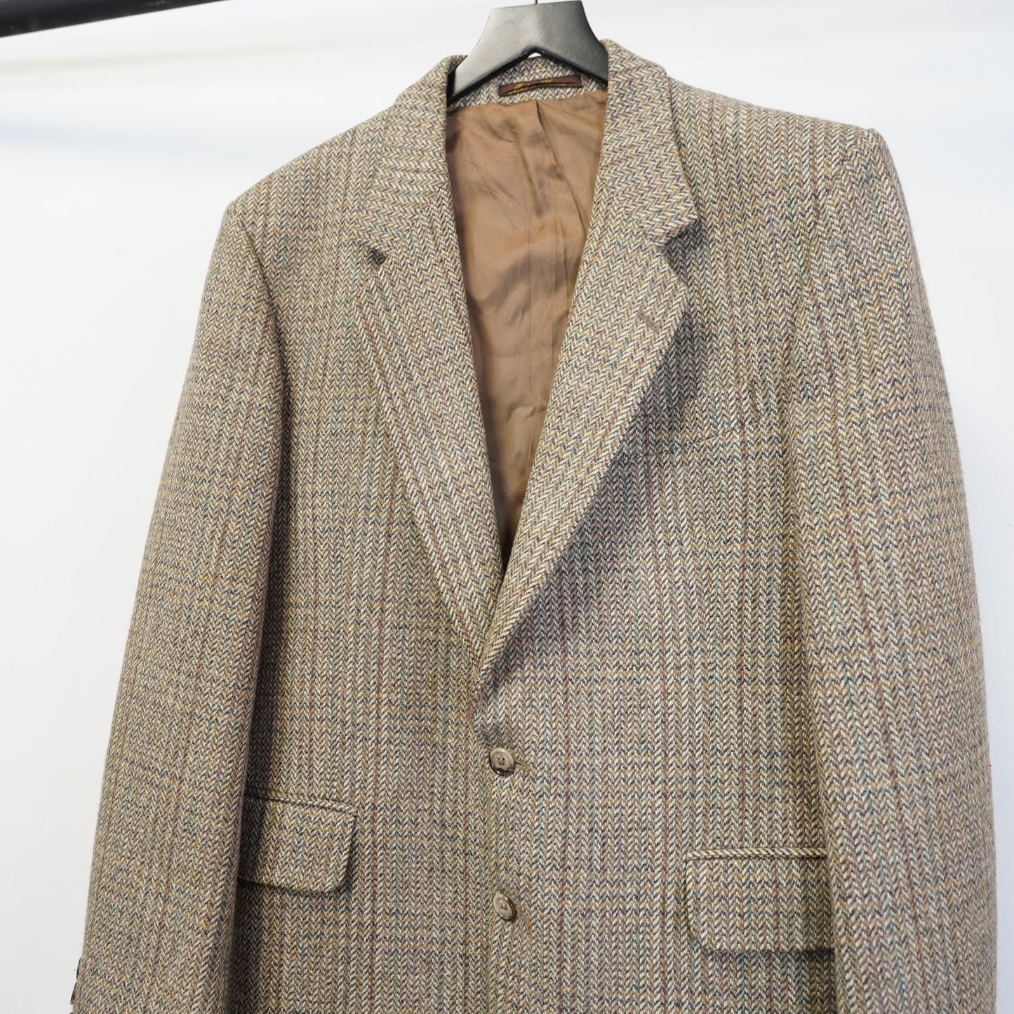 (44R) L Vintage Dunn & Co Tweed Pure Wool Suit Jacket Tan Herringbone Blazer