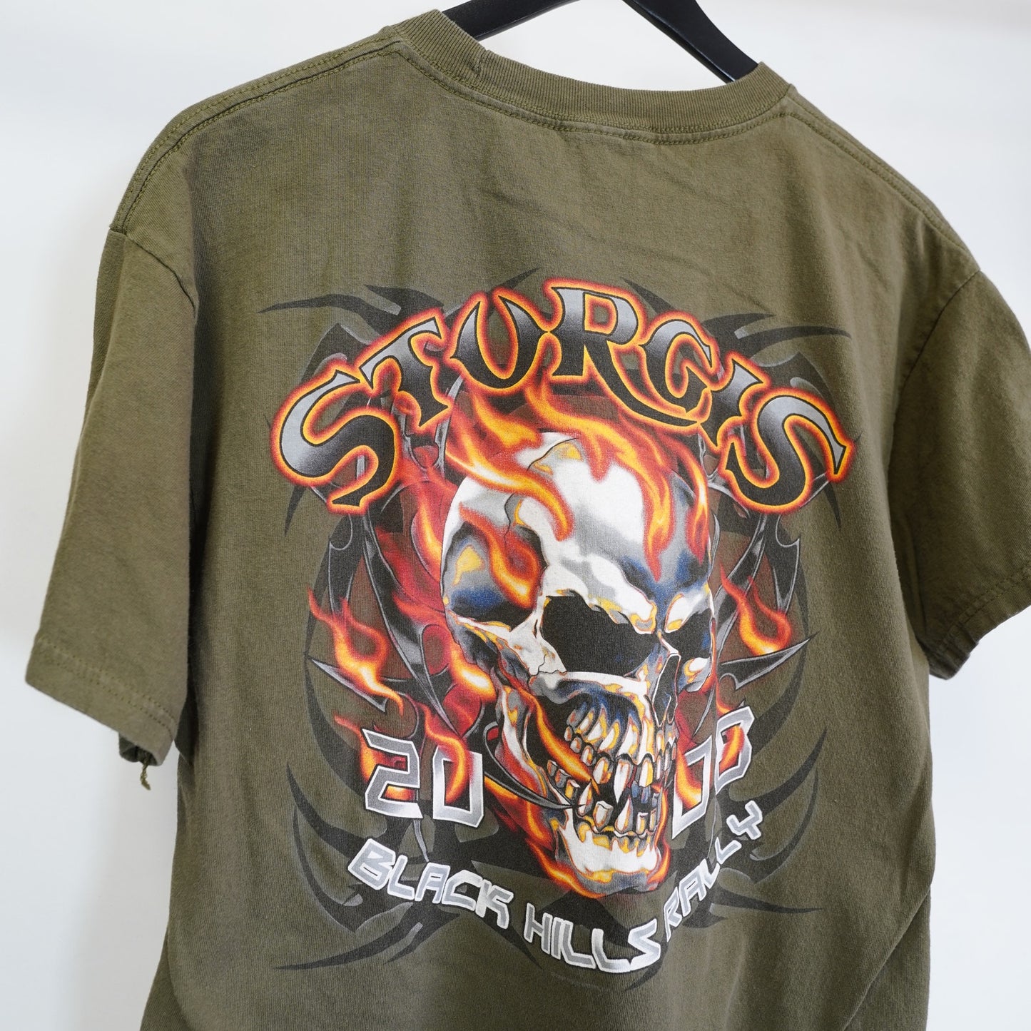(M) Vintage Stugis 2000s Motorcycle Rally Skull Biker T-Shirt Mens M Olive Green Y2K