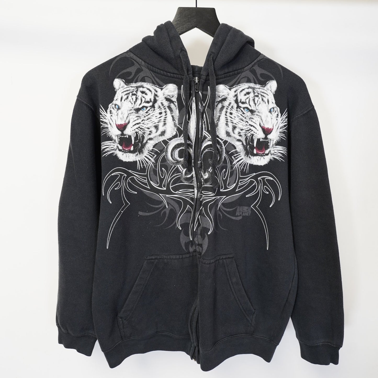 (M) Animal Planet Y2K Tiger Tribal Full Zip Hoodie Emo 2000s Men's M Goth Black