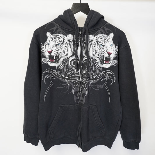 (M) Animal Planet Y2K Tiger Tribal Full Zip Hoodie Emo 2000s Men's M Goth Black