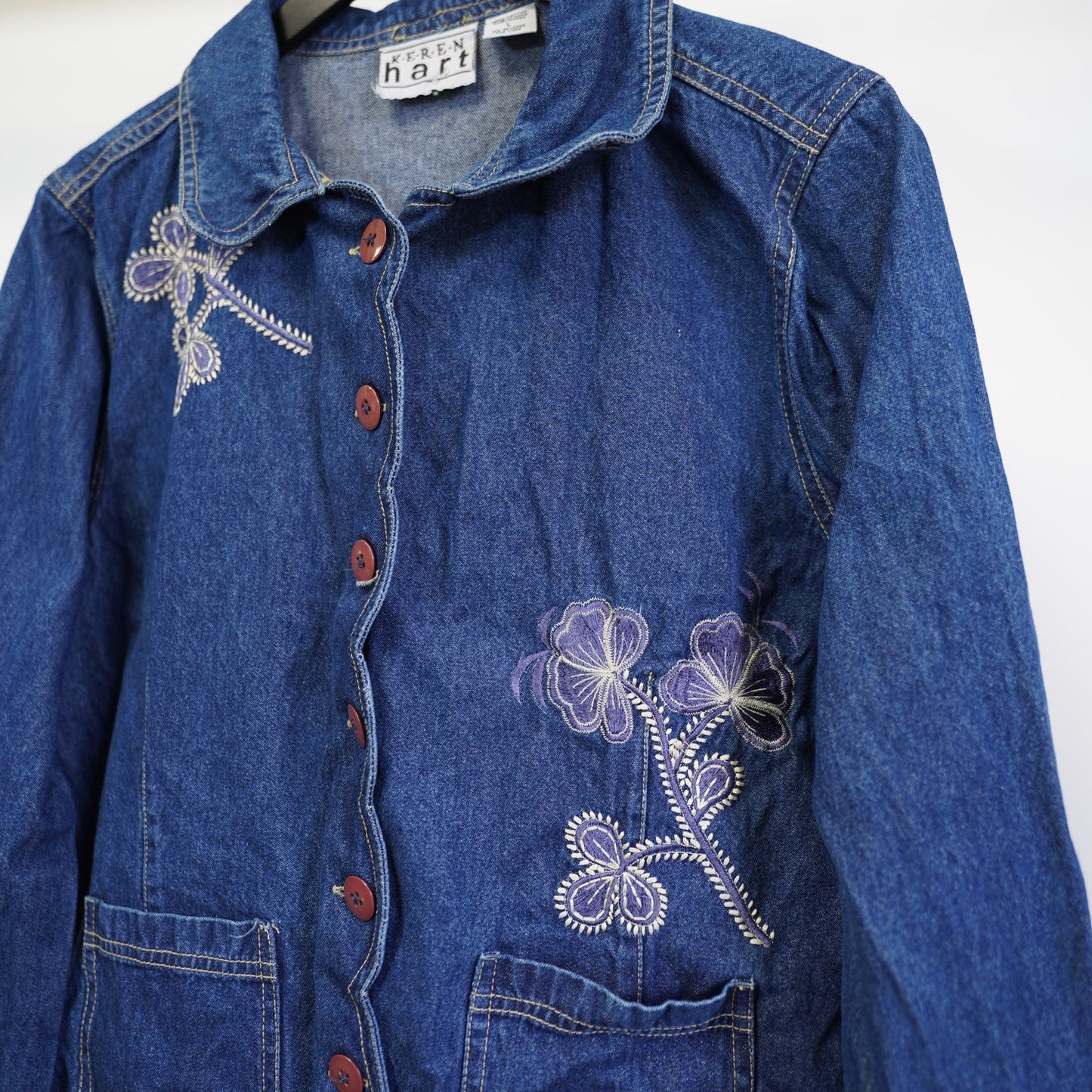 (Women's L) Vintage Floral Embroidered Denim Jacket Women's L Boho Y2K Cottage Flower Blue