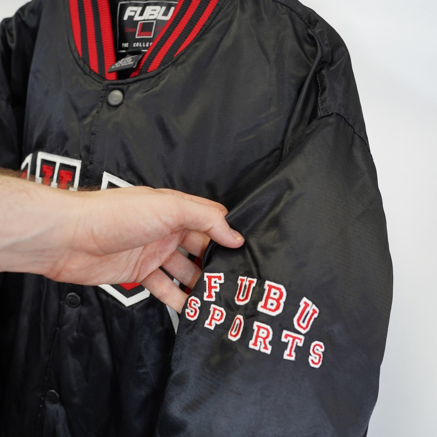 (XL) Vintage Fubu Embroidered Satin Bomber Jacket Men's XL Black Y2K Hip Hop 2000s