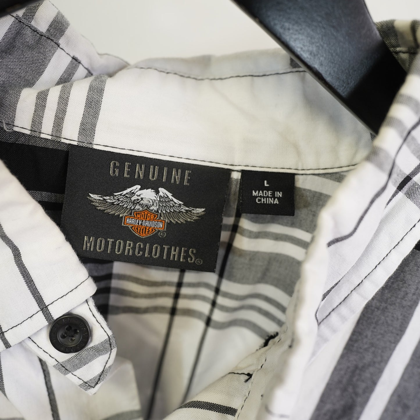 (L) Harley Davidson Motorcycles Plaid Biker Work Shirt Men's L Embroidered White