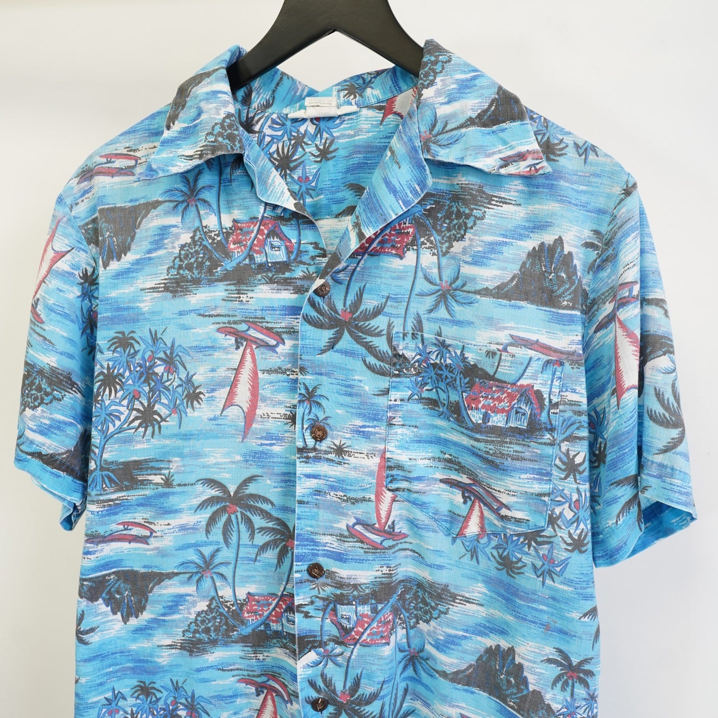 (M) Vintage 90s Hawaiian Shirt Men's M Floral Tropical Surf Made in Hawaii USA Blue