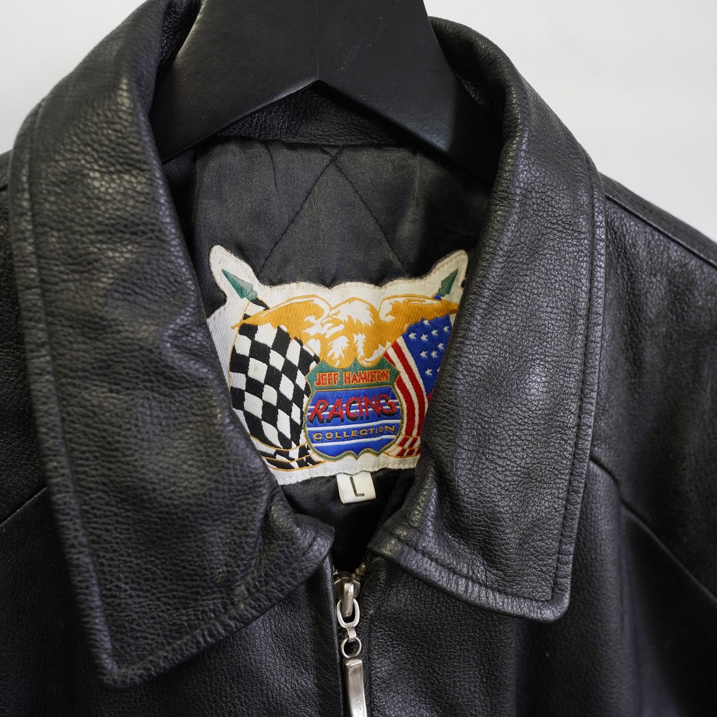 (L) Vintage Jeff Hamilton Black Genuine Leather Flight Bomber Racing Jacket Men's L